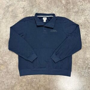 Vintage L.L.Bean Navy Blue Henley Pullover Collard Embroidered Sweatshirt Size L